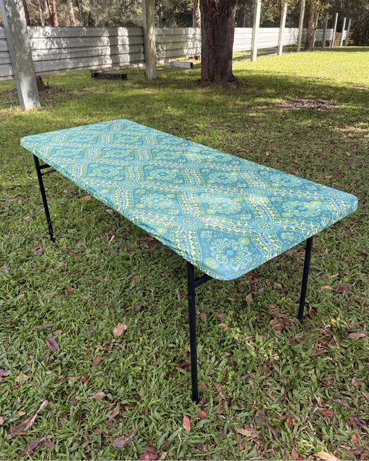 5ft Seafoam Blooms Stretch Camping Table Cover