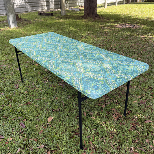 6ft Seafoam Blooms Stretch Camping Table Cover