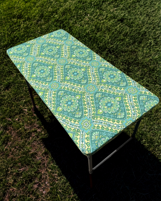 4ft Seafoam Blooms Stretch Camping Table Cover