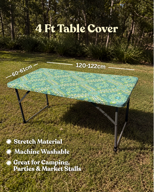 4ft Seafoam Blooms Stretch Camping Table Cover