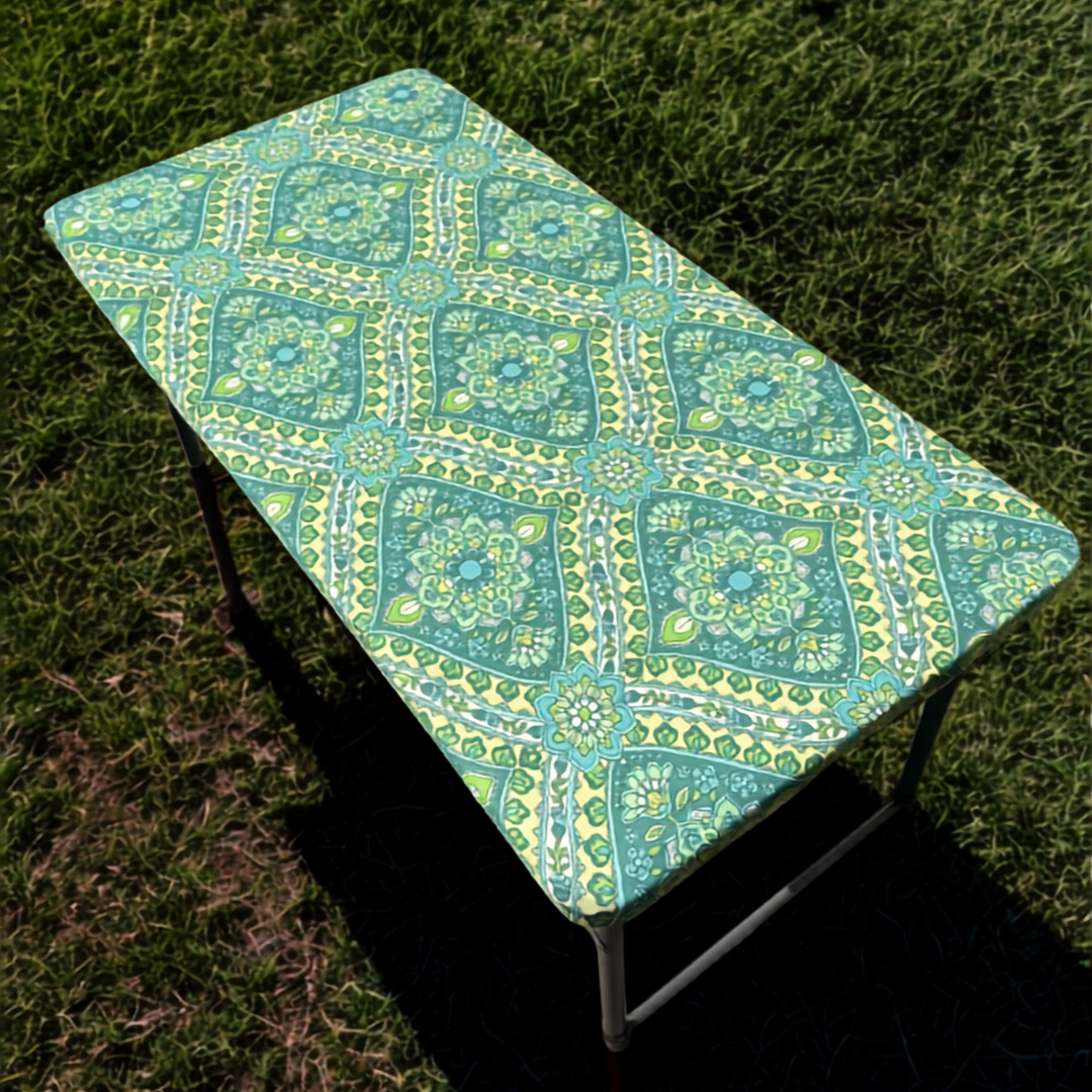4ft Seafoam Blooms Stretch Camping Table Cover
