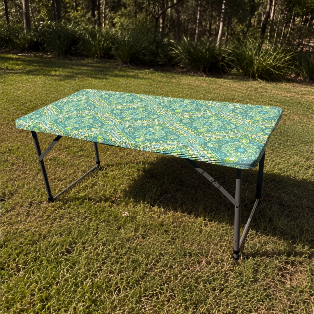 4ft Seafoam Blooms Stretch Camping Table Cover
