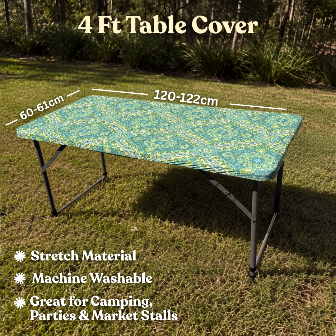 4ft Seafoam Blooms Stretch Camping Table Cover