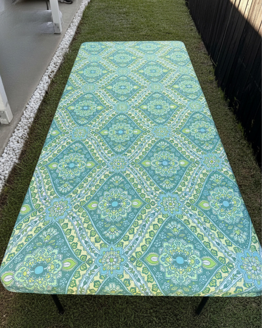 5ft Seafoam Blooms Stretch Camping Table Cover