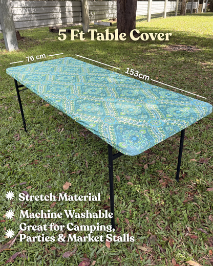 5ft Seafoam Blooms Stretch Camping Table Cover