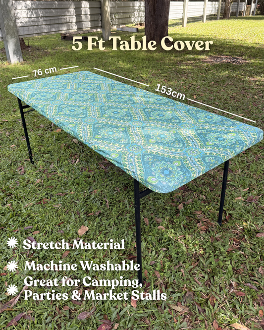 5ft Seafoam Blooms Stretch Camping Table Cover